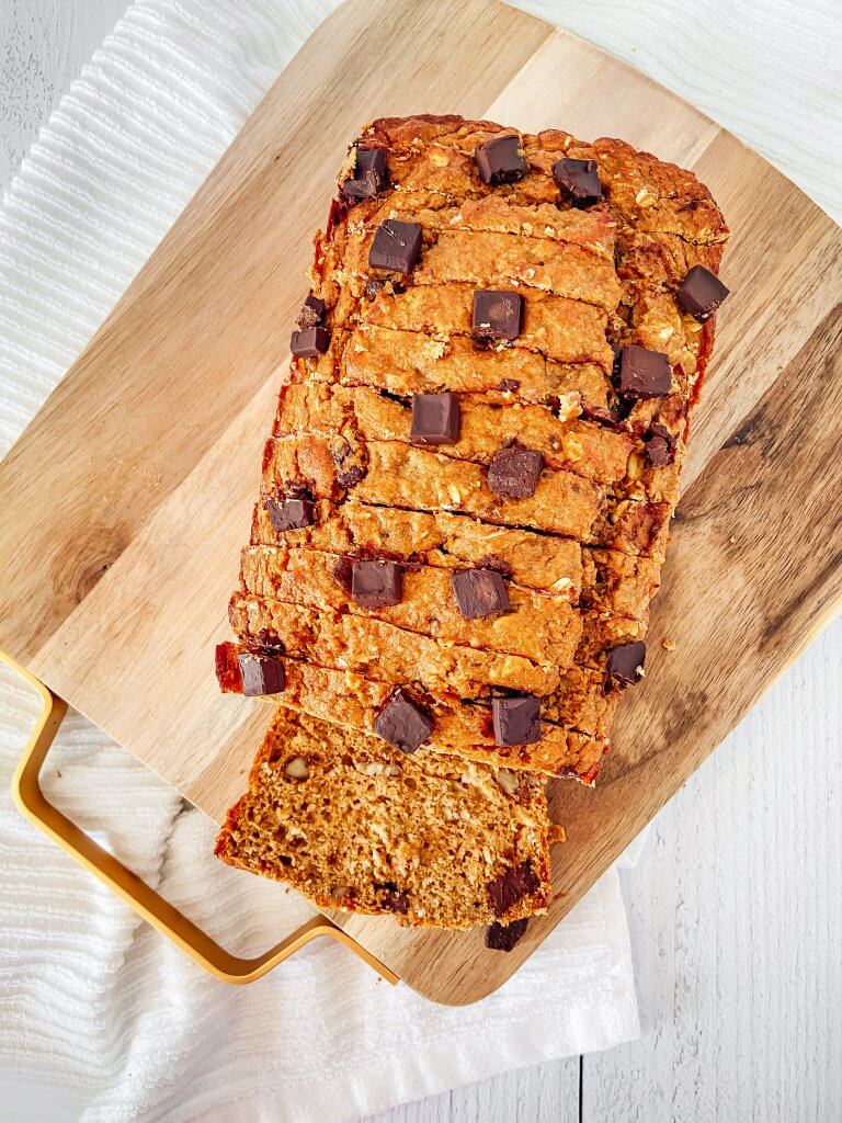 healthy pumpkin banana bread, sliced overhead 