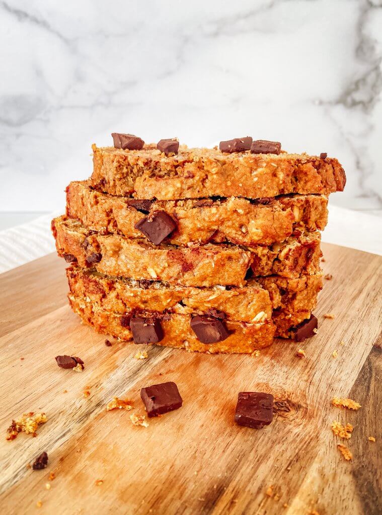 healthy pumpkin banana bread, sliced, stacked 