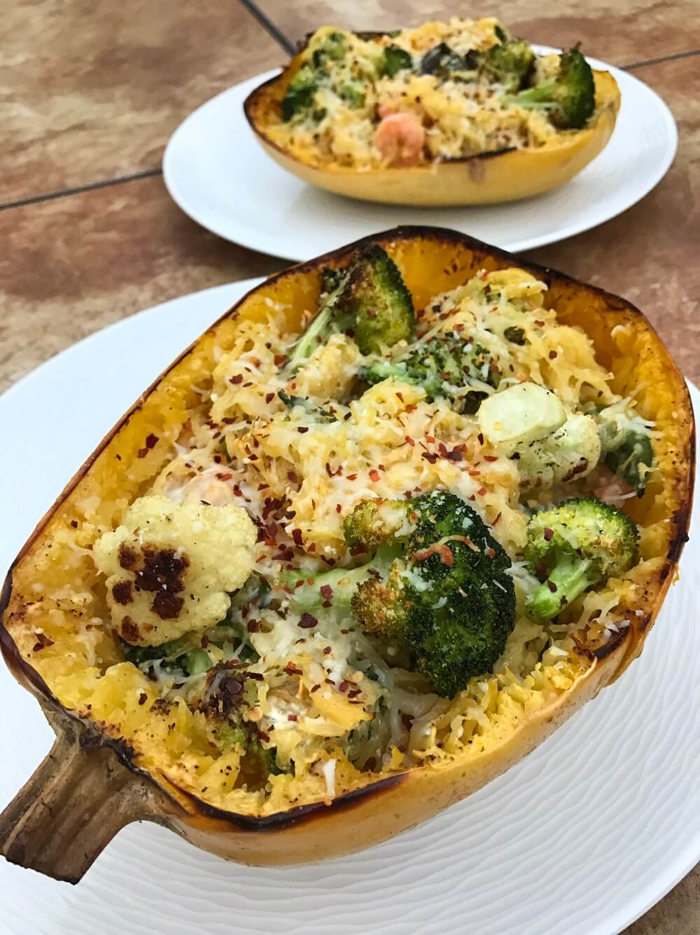 Cheesy Broccoli & Shrimp Stuffed Spaghetti Squash