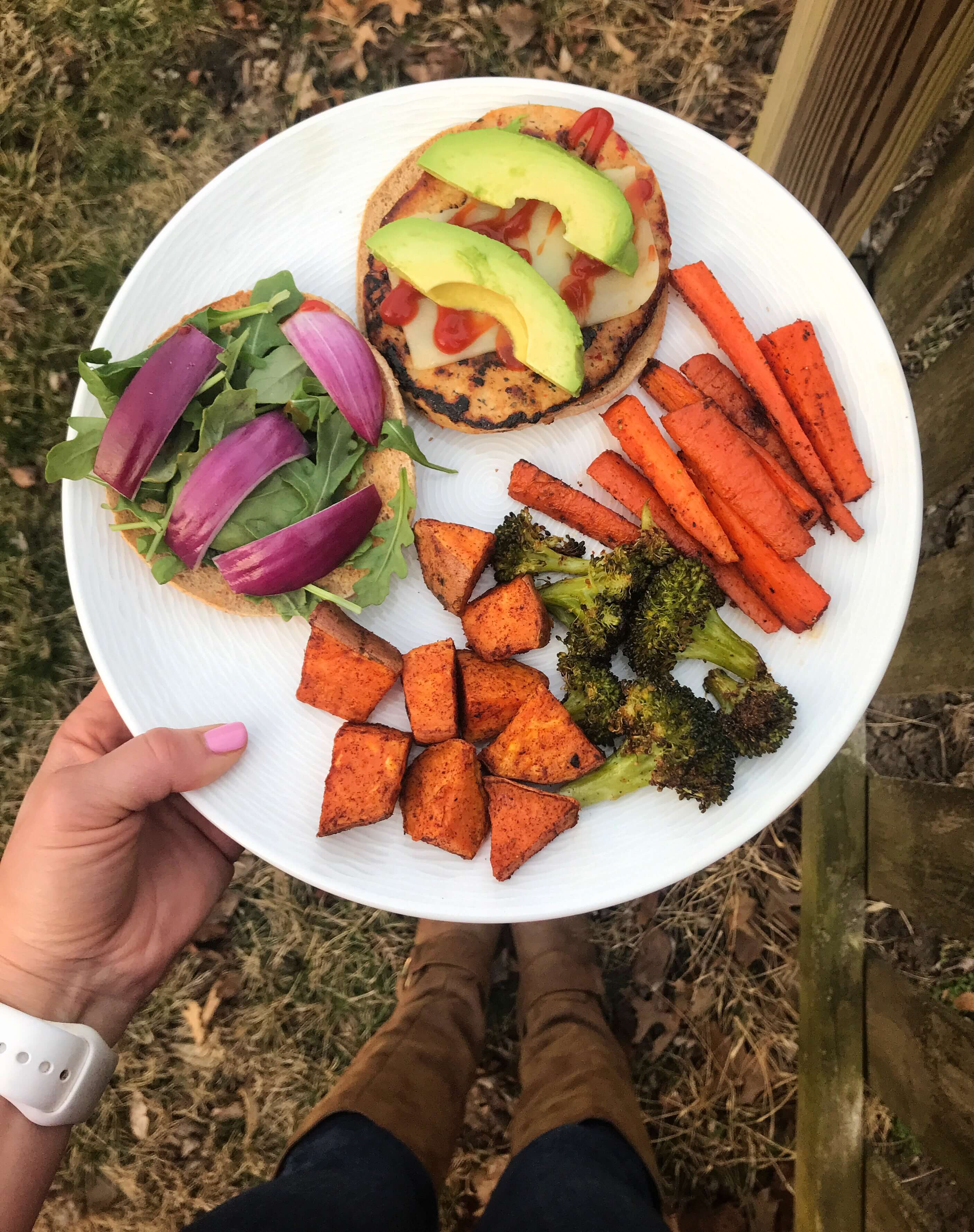 healthy foods dietitians keep in their fridges, roasted vegetables, chicken burger