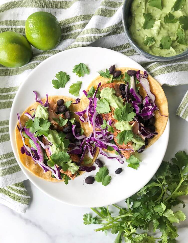 pan-seared salmon tacos with avocado cream sauce