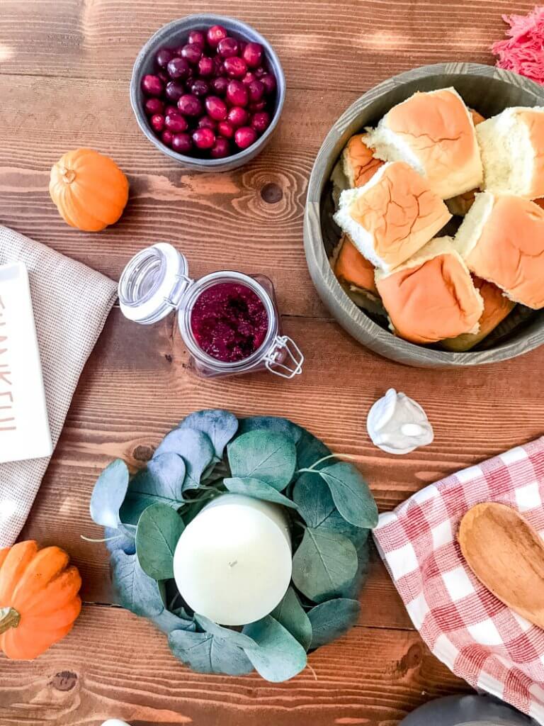 homemade cranberry chia jam; thanksgiving spread, hawaiian rolls 