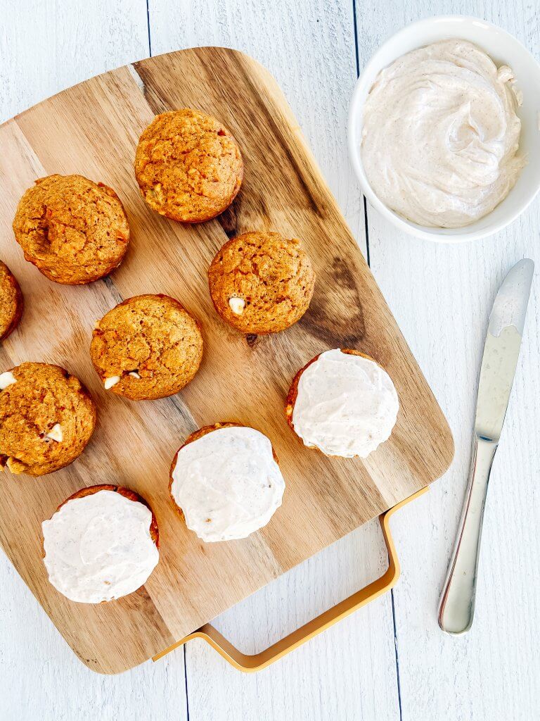 healthy carrot pumpkin muffins with cream cheese frosting