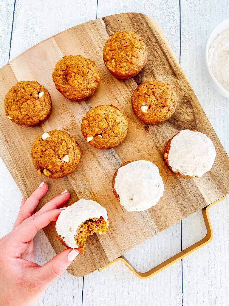 healthy carrot pumpkin muffins with cream cheese frosting