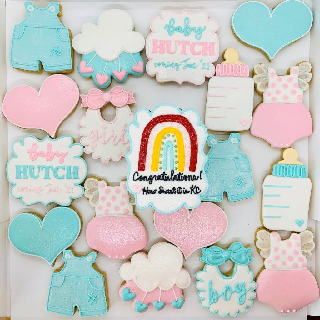 gender reveal party cookies; boy or girl, hearts, rainbow baby 