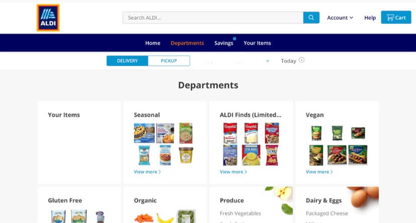 curbside pickup experience with ALDI USA; browse grocery departments 