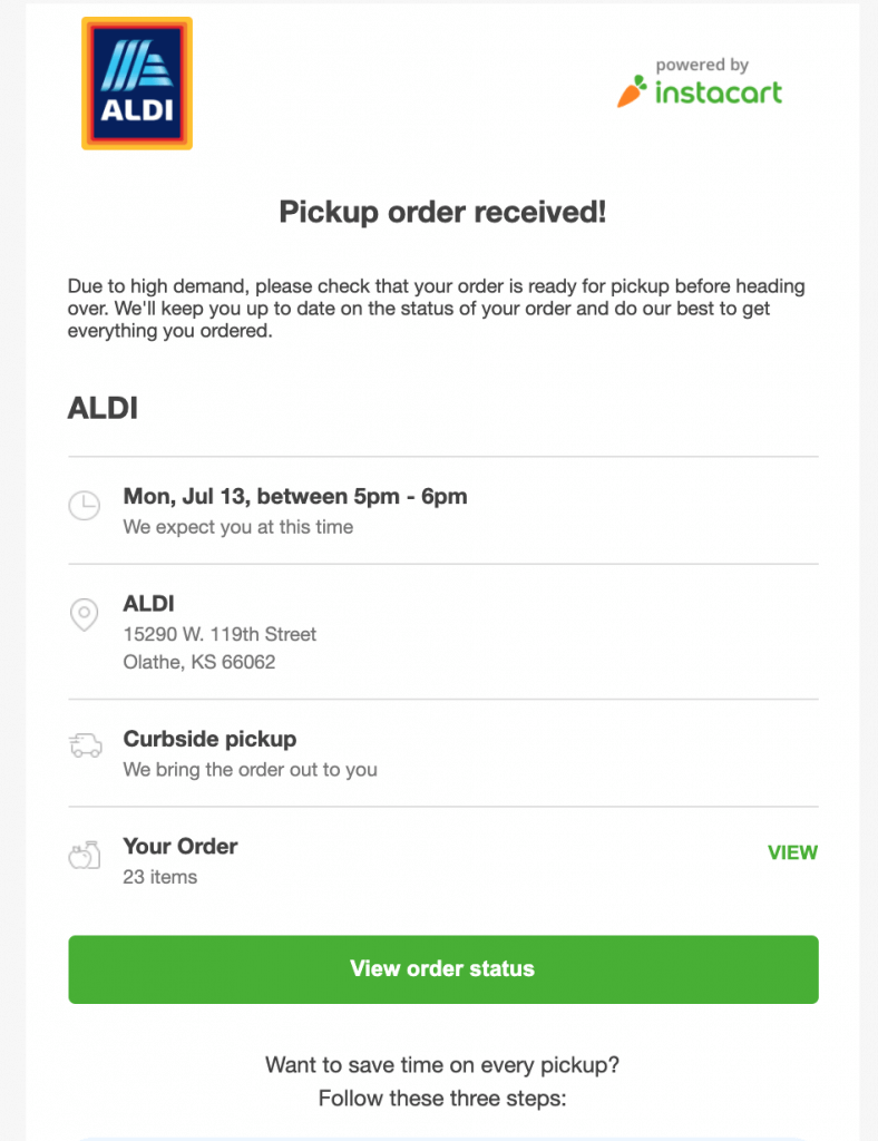 curbside pickup experience with ALDI USA; email confirmation 