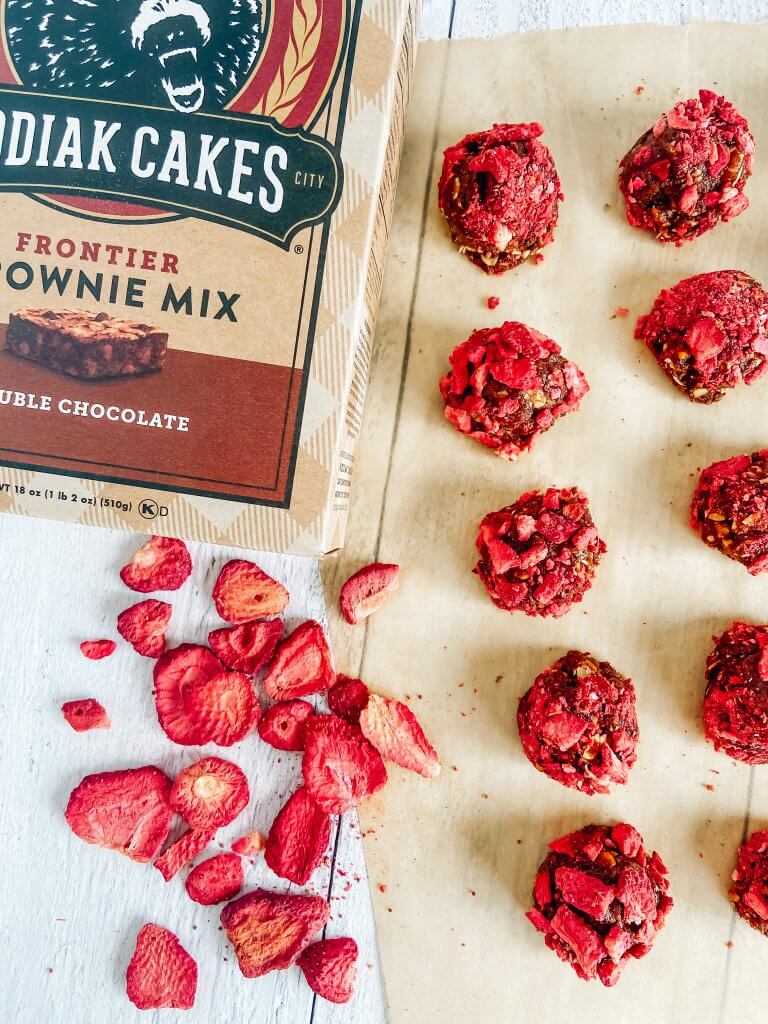 no bake brownie bites with strawberry bits close up