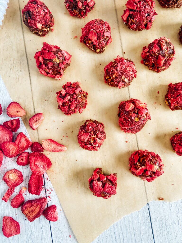 no bake brownie bites with strawberry bits close up