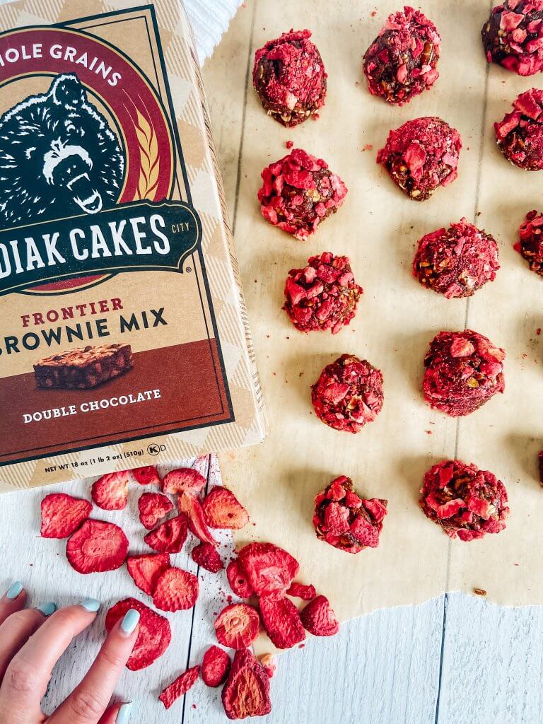 no-bake brownie bites with strawberry bits, kodiak cakes mix