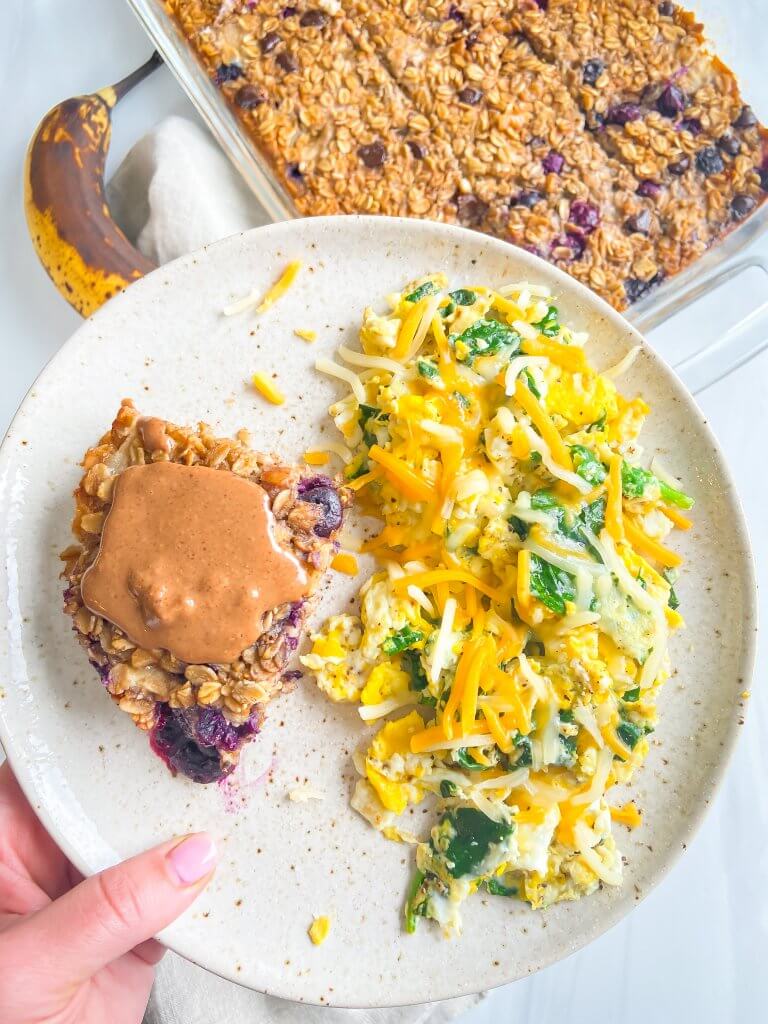 blueberry pecan baked oatmeal; breakfast plate with scrambled eggs