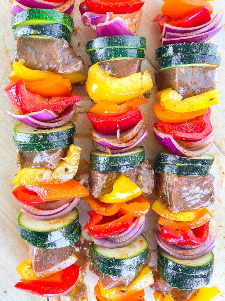 steak kebabs assembled with ribeye steak and vegetables