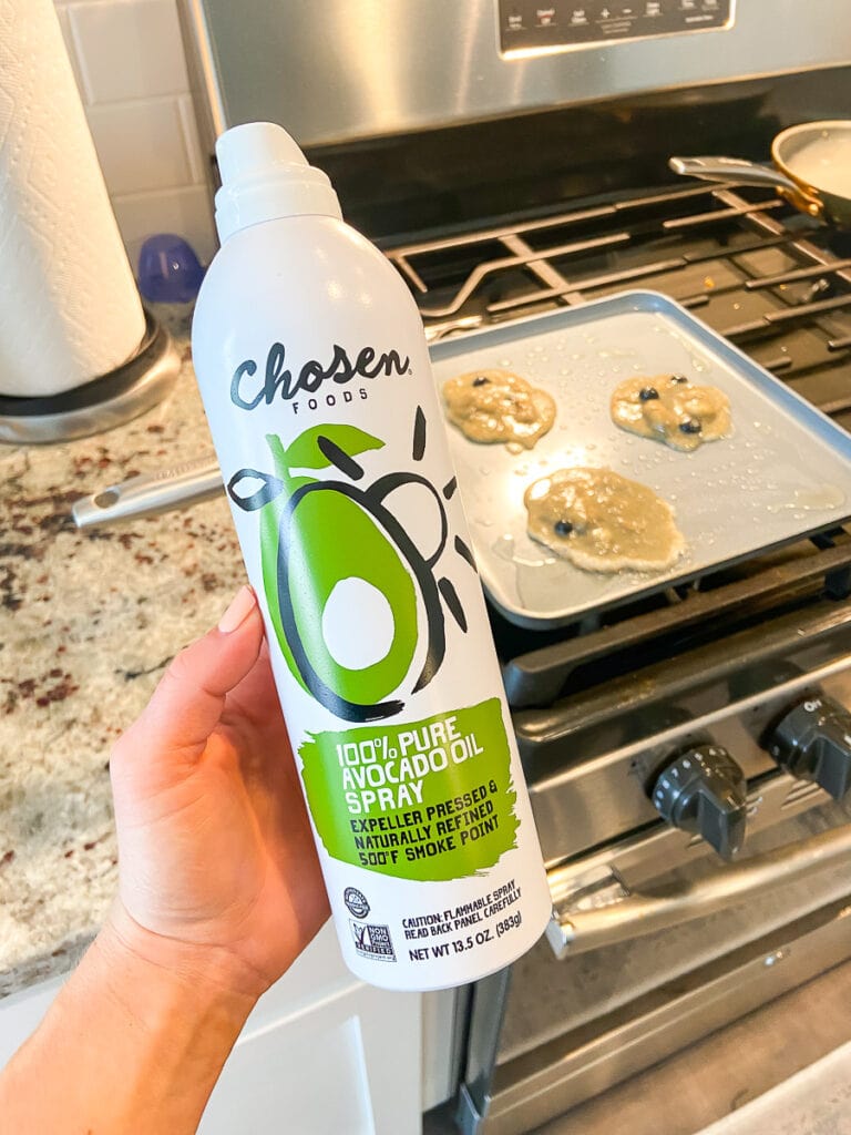 4-ingredient pancakes, baby-friendly, baby led weaning recipe, avocado oil, pancakes cooking on griddle