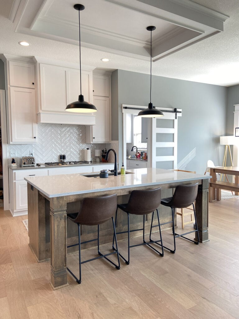 design selections and FAQs for home build #2: white kitchen and stained island