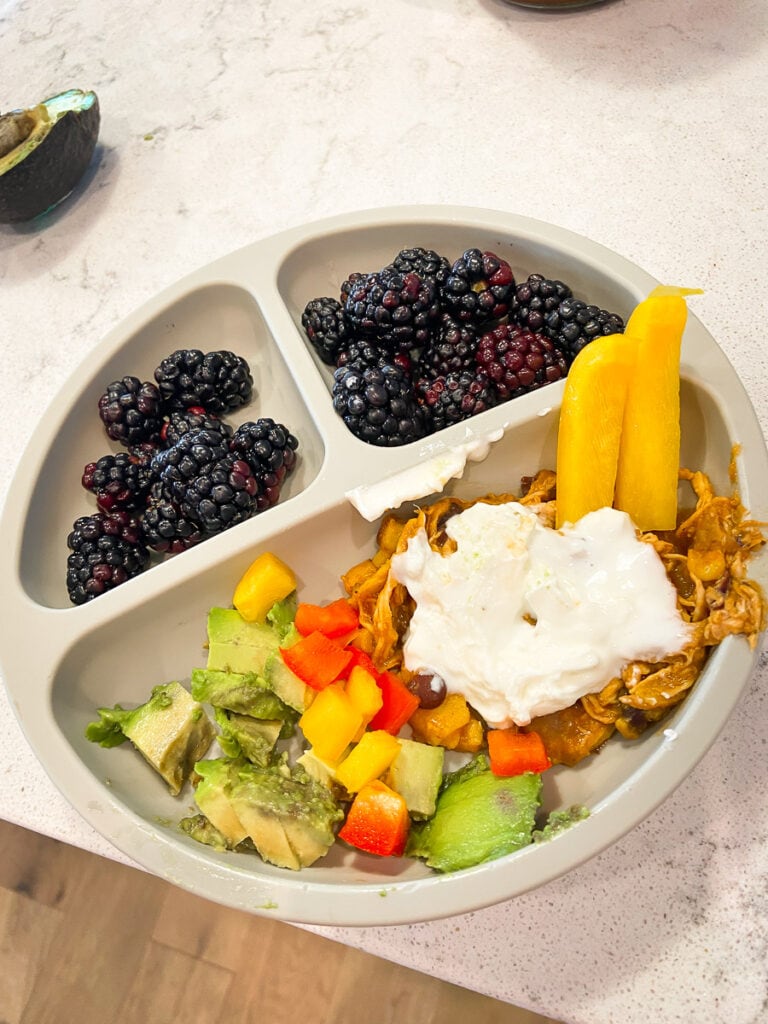 crockpot chicken enchiladas; example of a healthy, balanced toddler meal 